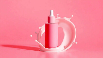 Obraz premium Pink serum bottle with white liquid splash on pink background