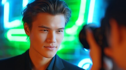Intense Gaze of a Young Male Model Under Neon Lights During Photoshoot in Urban Environment