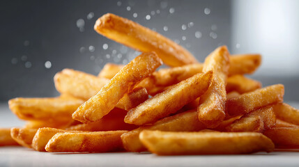 Golden Crispy French Fries Floating Mid-Air Against a Clean White Background with Realistic Texture, Crunchy Edges, and Natural Shadows in a Dynamic Food Advertising Concept

