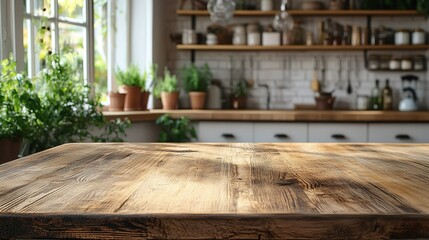 Fototapeta premium Rustic Wooden Kitchen Tabletop Closeup, Scandinavian Country Home Decor, Greenery Kitchen Scene Background, Natural Wood Grain Texture Photography