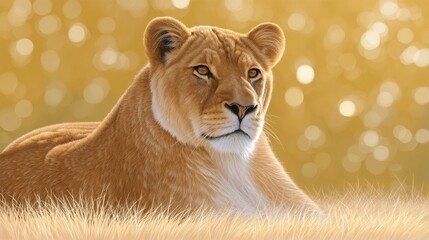 Obraz premium Majestic Golden Lioness Resting Gracefully on a Golden Savanna Landscape