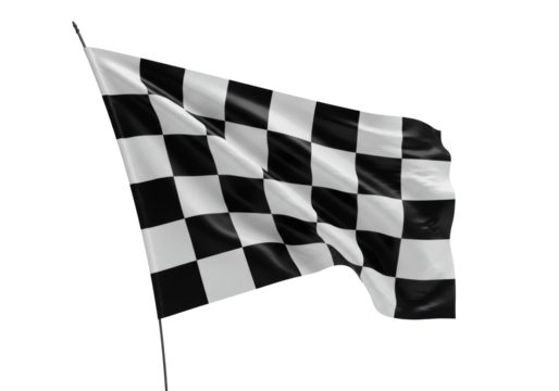 A single, iconic motorsport checkered flag, black and white with a precise grid pattern, dynamically billowing with glossy silk folds against a transparent studio background, concept of energetic