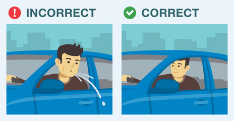Bad behavior on city roads. Correct and incorrect driving. Male driver spitting on road while driving. Keep city clean. Flat vector illustration template.
