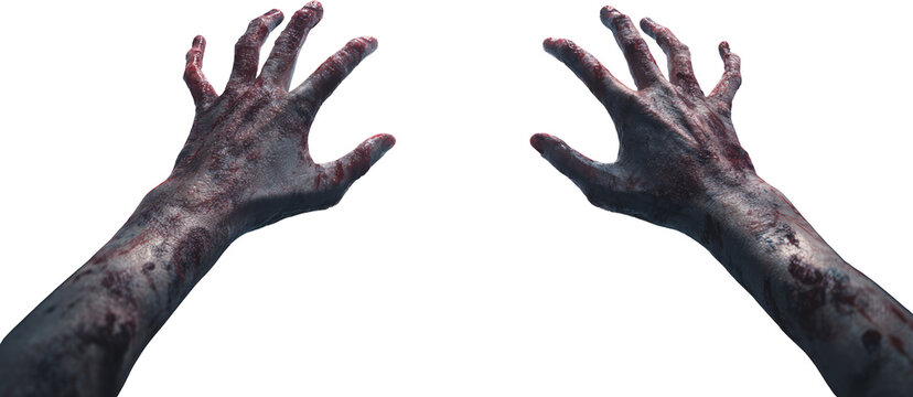 Scary bloody zombie hands reaching out in horror, terrifying monster