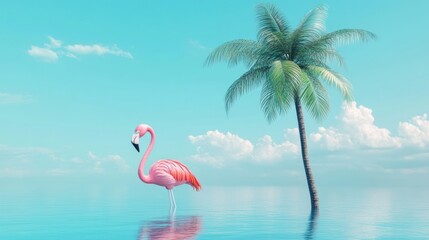 Pink flamingo and palm tree on blue summer background, 3D rendering