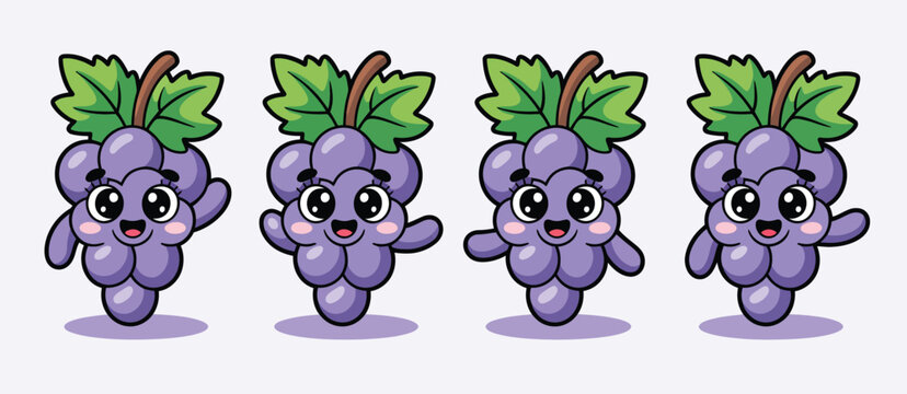 Four cute cartoon grapes with happy faces and waving hands