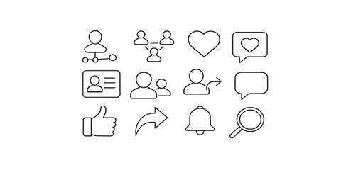 Print  Social Media line editable icon set. Containing social network, connection, networking, friends, comment, profile, like, share, and more. Editable stroke. Vector illustration