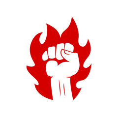 Fist and fire emblem isolated. Hand clenched power strength icon symbol. Vector illustration