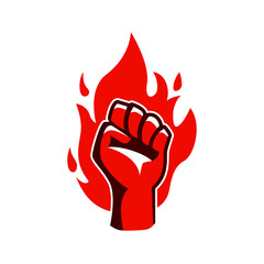 Fist and fire emblem isolated. Hand clenched power strength icon symbol. Vector illustration