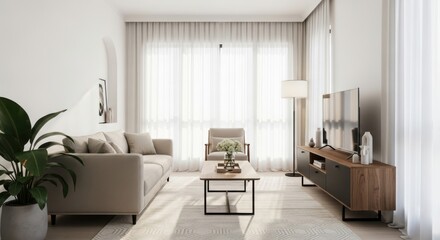 Fototapeta premium A bright and modern living room with a comfortable sofa, coffee table, and television