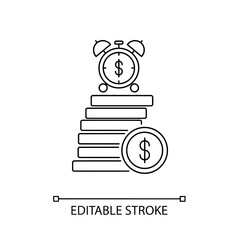 Outline icon showing an alarm clock on stacked coins with dollar sign icon