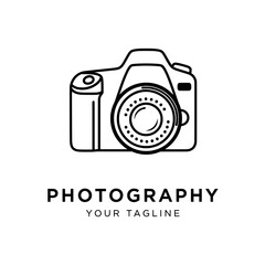 camera icon vector illustration, A minimalist line art illustration of a camera with photography text below