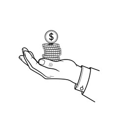 Hand holding a stack of coins with a dollar sign in a black and white sketch