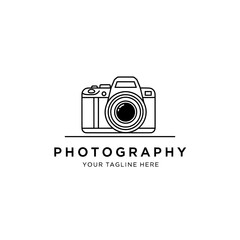 camera icon vector illustration, A minimalist line art illustration of a camera with photography text below