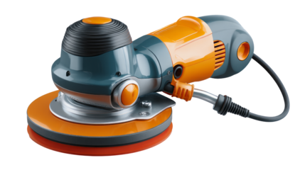 Electric orbital sander tool with dust collection and ergonomic isolated, transparent background