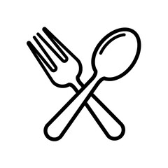 spoon and fork vector icon, A simple black and white line drawing of a fork and spoon crossed together