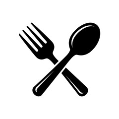 crossed fork and spoon vector icon, A black and white graphic of a crossed fork and spoon on a white background