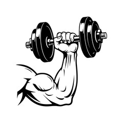 arm lifting a dumbbell vector icon, A muscular arm lifting a dumbbell in black and white vector illustration