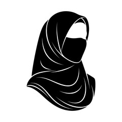a woman wearing a full hijab vector icon, A stylized black and white illustration of a woman wearing a full hijab