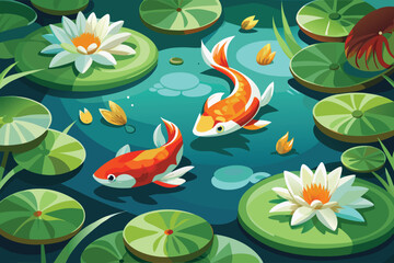 Koi fish swimming gracefully among vibrant lily pads in a tranquil pond enhanced by bright white water lilies and serene reflections