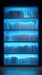 Neon Blue-Lit Bookshelf Displaying Empty Spines in a Minimalist Interior Space