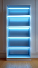 Neon Blue Lit Bookshelf with Empty Shelves Showcasing Minimalistic Design in a Contemporary Interior
