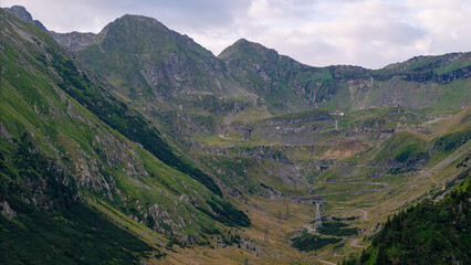 Fototapeta premium Aerial Panoramic View of the Transfagarasan Highway, Mountain Road, Carpathians, Romania.