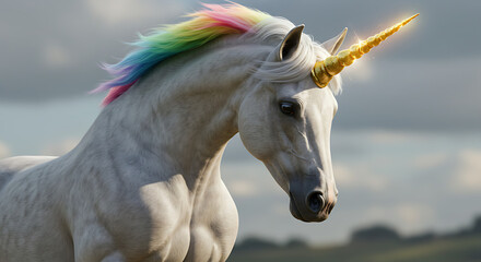 Fantasy portrait of a magnificent white muscle unicorn. This mythical beast features a colorful rainbow mane and a magical golden horn.