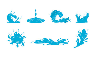 Water drops. Current drops, waves, tears and spray. Splashes or spill water elements, isolated vector illustration.