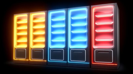 Neon Glowing Vending Machines in a Row with Orange, Blue, and Red Lights Against a Dark Background