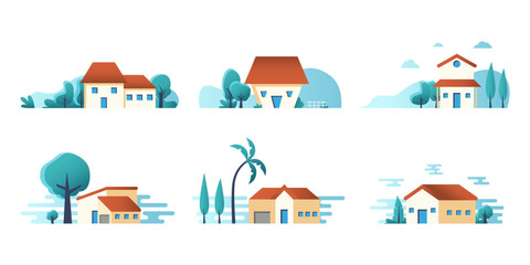 Set of Traditional and modern house. Countryside Family home landscape view. Vector illustration
