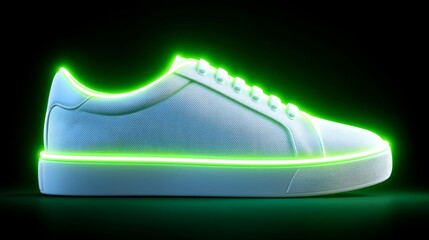 Neon Green-Lit Sneaker Displayed Against Dark Background Highlighting Vibrant Glow and Texture