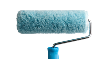 Blue paint roller with fluffy texture for smooth wall painting isolated, transparent background