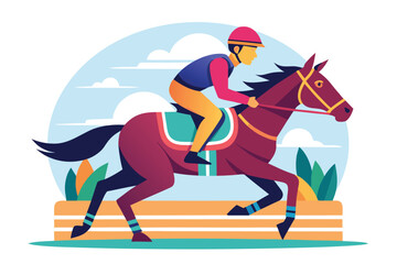 Vector illustration of a jockey riding a racing horse on a sunny day with colorful landscape and vibrant details in a dynamic motion scene