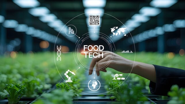 Hand touches digital interface in vertical farm with food tech graphics agriculture technology