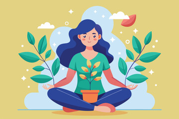 Inner self exploration and mindfulness practice as a woman holds green plants while sitting in a peaceful environment surrounded by nature