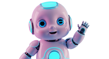 Friendly robotic companion waves hello with vibrant blue eyes and futuristic neon accents