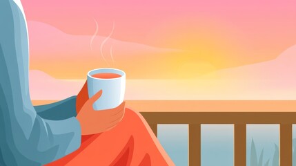 Person Holding a Mug While Enjoying a Serene Sunset View from a Balcony