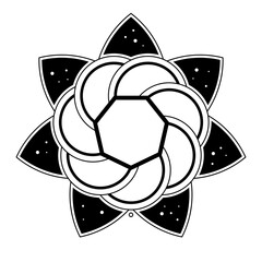 Seven-pointed star, a blossom shaped crop circle pattern, found 2025 near Turin in Italy. The shape of a flower with seven outer petals, with scattered pollen, possibly indicating star constellations.