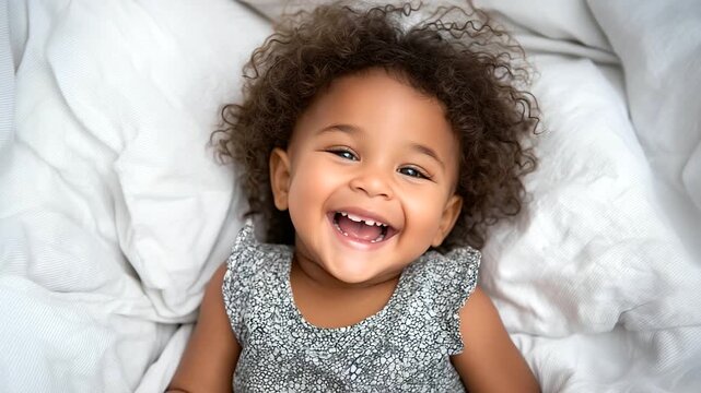 Happy smiling mixed race baby girl lying on soft white bed. This adorable biracial infant is laughing joyfully, showing the pure happiness of a happy mixed race baby girl in a brig
