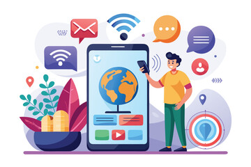 Exploring communication technology through voice over internet protocol with a smartphone and digital icons