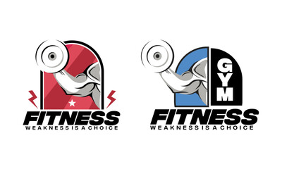 Gym, fitness logo or label. Sport, bodybuilding concept. Gym fitness sport emblems and logos vector set with barbells dumbbells and muscle arm