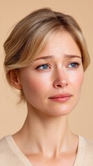 Naklejka premium Portrait of a Young European Woman with Natural Makeup and Neutral Expression Against Soft Beige Background