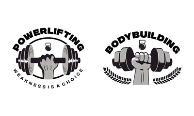 Gym, fitness logo or label. Sport, bodybuilding concept. Gym fitness sport emblems and logos vector set with barbells dumbbells and muscle arm