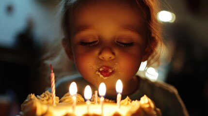 Child with closed eyes blowing out candles on a birthday cake.
