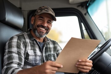 Smiling truck driver reading documents inside his truck
