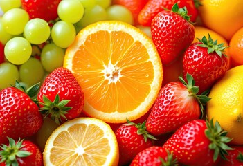 A vibrant close-up showcasing a medley of fresh fruits  juicy strawberries, segments of orange and lemon, and bunches of green grapes.  