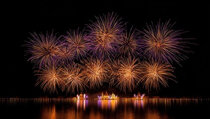 Fireworks display over a calm body of water.