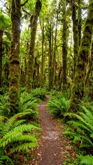 Fototapeta premium Lush forest path winding through ferns