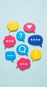 Colorful speech bubbles with different symbols arranged on a light background.